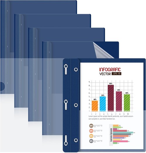 HAUTOCO 5 Pack Plastic Report Covers - Clear Front with 3 Prong Fasteners | Navy Blue for 8.5x11 Paper