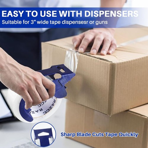 RAZCC Heavy Duty Clear Packing Tape - 12 Rolls with Dispensers | 2" x 65 Yards Each, Perfect for Shipping & Moving