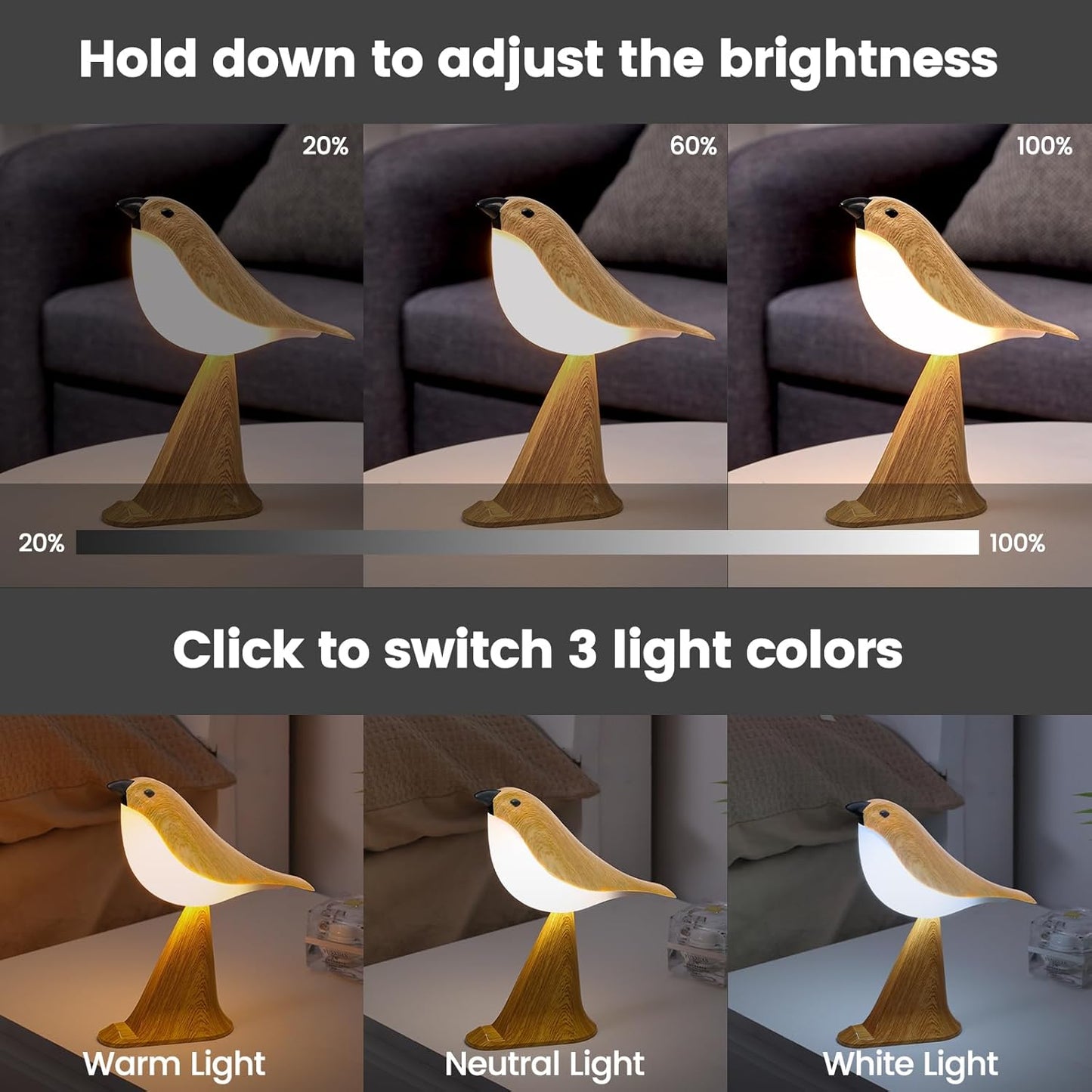 VoMii Small Bird Table Lamp - Touch & Remote Control, 3-Color Dimmable, Rechargeable Night Light | Cute Bedroom Decor