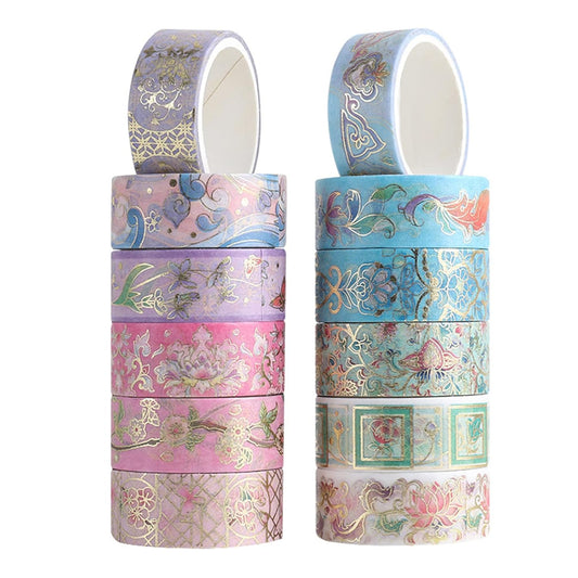 Skiennix Floral Washi Tape Set - 12 Rolls of Gold Foil Botanical Decorative Tape for Scrapbooking & Crafts