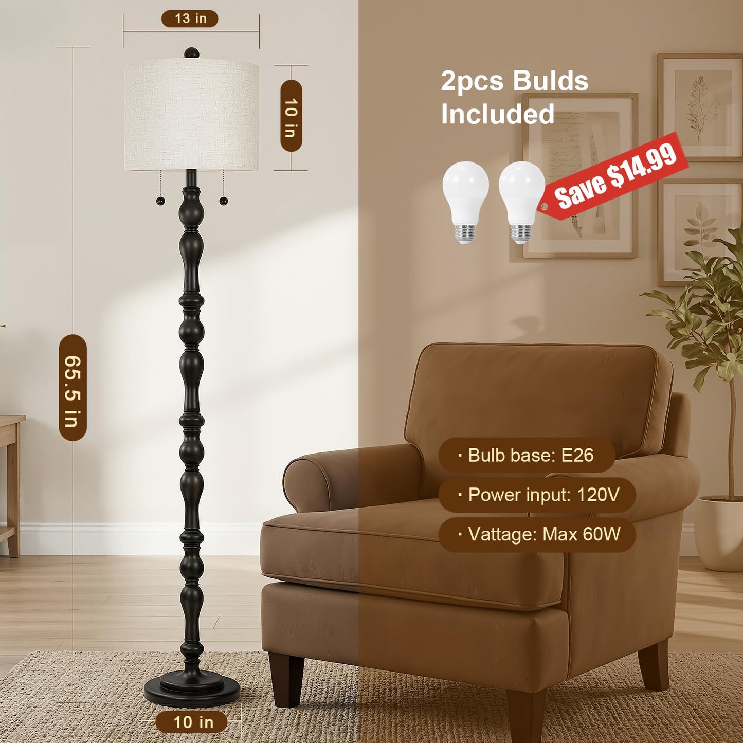 Scenekoy 65.5 Natural Real Wood Rustic Floor Lamp for Living Room Bedroom, Dual Pull Chains Switch, Wooden Base, Retro Farmhouse Tall Standing Lamp with Linen Shade for Living Room Office Home Room