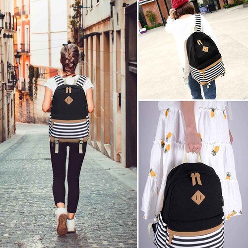 BTRLIACY Canvas School Bags Striped Rucksack Casual Daypack Laptop Backpack College Student Bag Backpack for Women Teenage Girls, with Lunch Box Bag Pencil Case