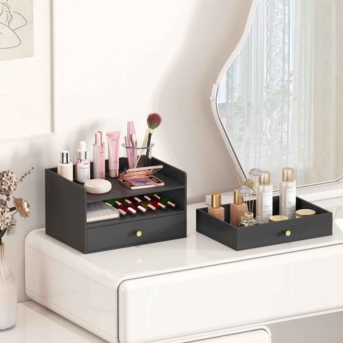 Xadgve Bamboo Desk Organizer - Stackable, No Assembly Required, Ideal for Office/Home Use - Perfect for Toiletries, Stationery, Accessories. (Black, Two level drawer box with sides)