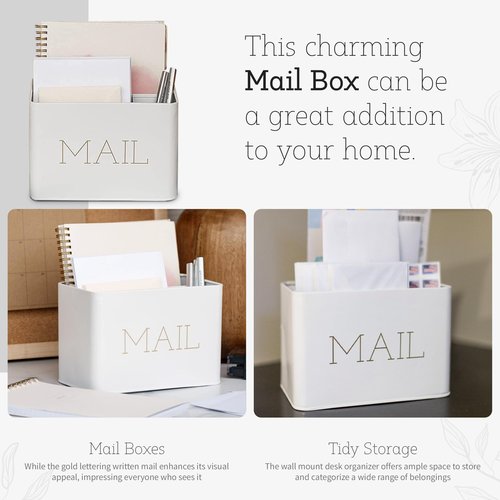 Lola Creates Farmhouse Mail Organizer - Drawer Organizers - Metal Box - Stylish Decor for Office and Kitchen Counter - Decorative with Gold Lettering - White