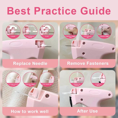 Stitch Gun for Clothes -Handheld Stitch Quick Clothing Fixer - Mini Tag Gun - Includes 6 Fine Needles, 2000 Fasteners including 1000 Black & 1000 White (pink)