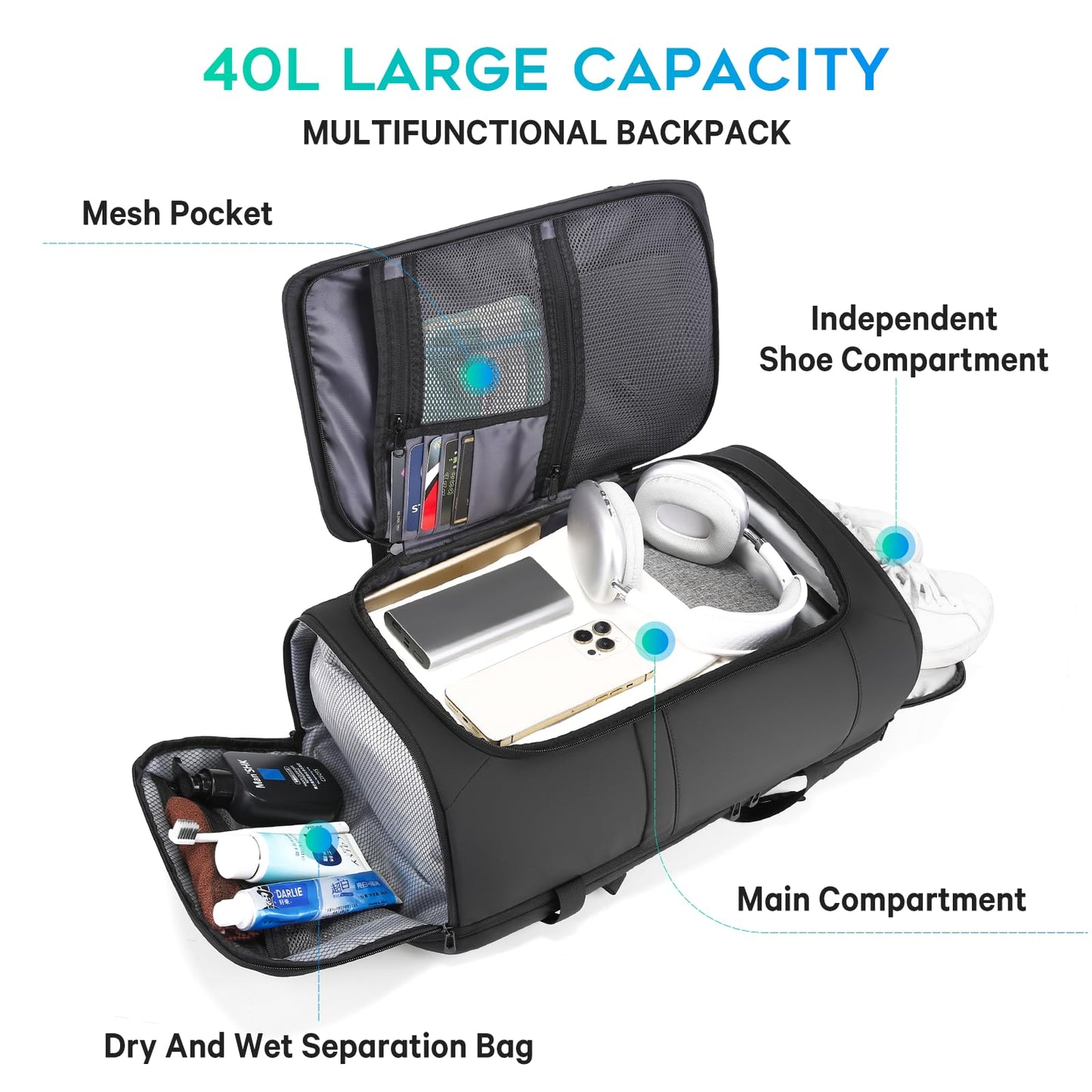 BANGE 40L Travel Backpack with Shoe Compartment, Large Capacity Weekender Bag Daypack Fits 17.3 Inch Laptop, Carry-on Luggage Backpack with Water Bottle Holder for Traveling, Hiking, Business