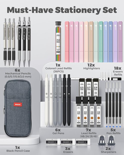Four Candies School Supplies Set - 45 PCS with Pen Case, 12 Pastel Highlighters & 6 Gel Pens (Black)