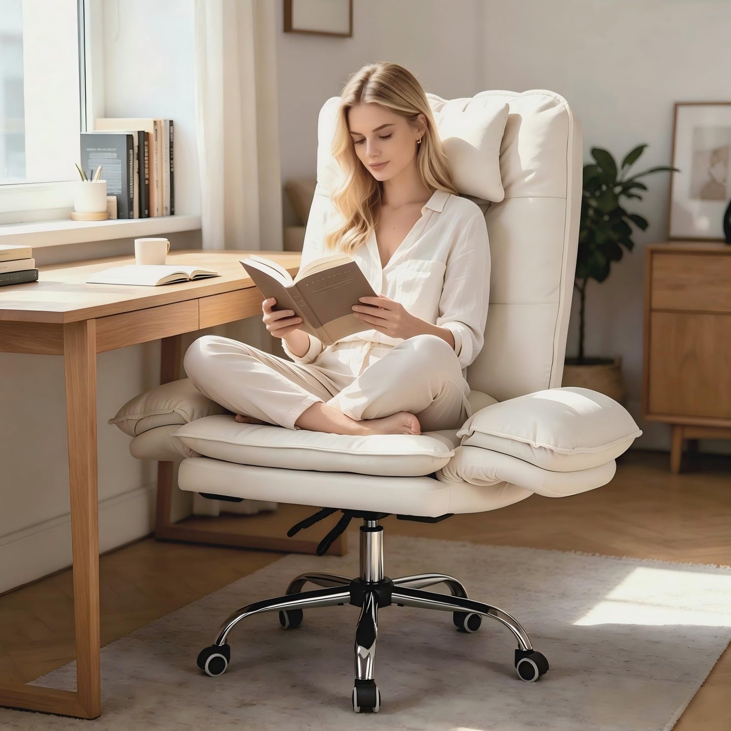 EROMMY Criss Cross Chair with Wheels, Big and Tall Velvet Office Chair Reversible Armrest and Wide Seat, Comfy Reclining Computer Chair for Gaming, Reading, Working, Beige