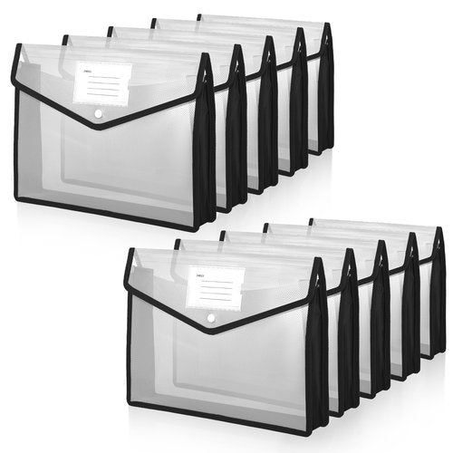 10-Pack Plastic File Folders Expanding Document Organizer with Snap Closure, Waterproof Transparent Pouch for Standard Letter Size Papers, Envelope Wallet with Card Slot & Durable PP Material