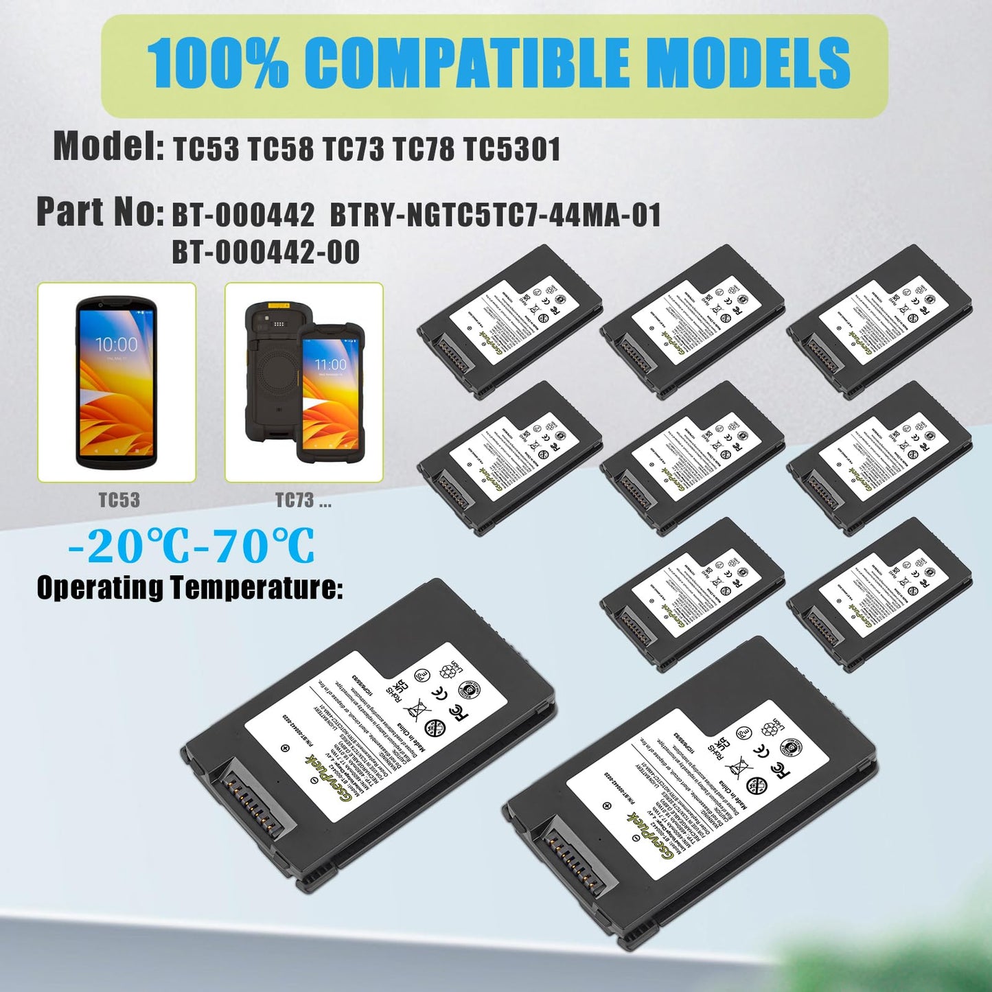 10-Pack TC78 Scanner Battery,BT-000442 for Zebra TC53 TC58 TC73 TC78 TC58E TC58AE TC5301 BTRY-NGTC5TC7-44MA-01 BT-000442-00 Barcode Scanner 4680mAh/3.85v Lithium-ion