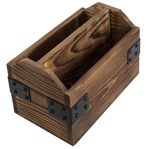 MyGift Rustic Burnt Wood TV Remote Control Organizer Holder Storage Caddy for Table with 2 Compartments and Decorative Black Metal Wrap Accents