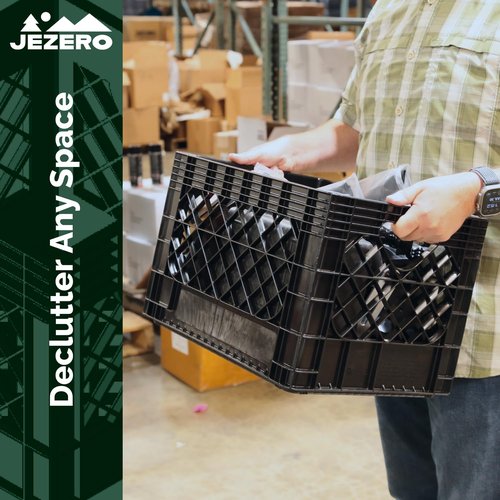 JEZERO 20 Quart 2-Pack Heavy Duty Plastic Crate | Stackable Multi-Purpose Storage Bin for Garage, Home, Office, Groceries, Outdoor, Camping & Kayaking | Black Utility Tote, 17" x 13" x 11"