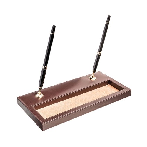 Dacasso Chocolate Brown Leather Double Gold Accents Pen Stand