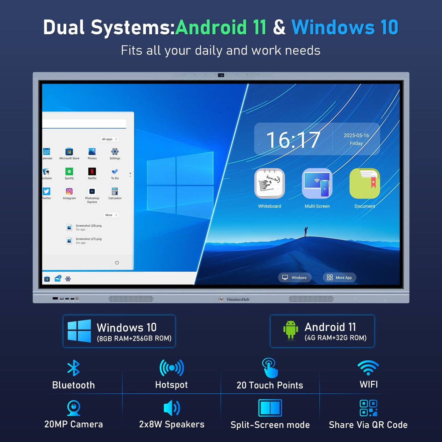 OmninexHub 65" Smart Board, Interactive Whiteboard, 4K UHD Touch Screen Digital Board, Digital Electronic Smartboard with Dual System, for Classroom,Office & Conference Rooms (Wall Mount Included)