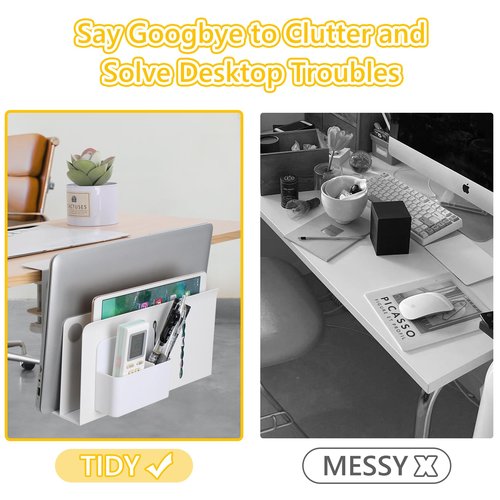 Henitol 2 TIER Desk Side Storage Upgraded Under Desk Organizer, No Drill Hanging Laptop Holder Under Desk, Clamp-On Table Side Tray Steel Desktop Organization for Office and Home (White)