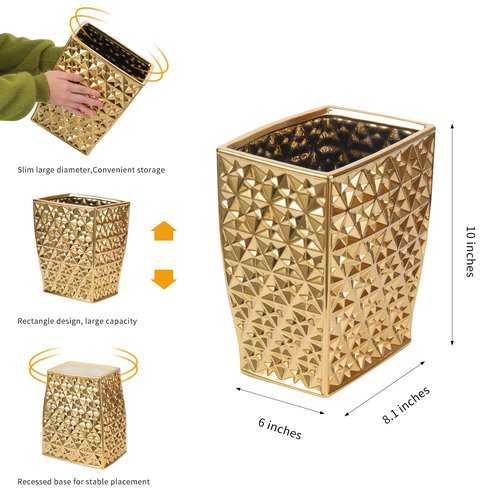 RXLVCKY Ceramic Gold Square Garbage Can Kitchen Trash Cans - Wastebasket, Garbage Container Bin for Bathroom, Bedroom, Kitchen, Home Office, and Kids Room, Holds Waste