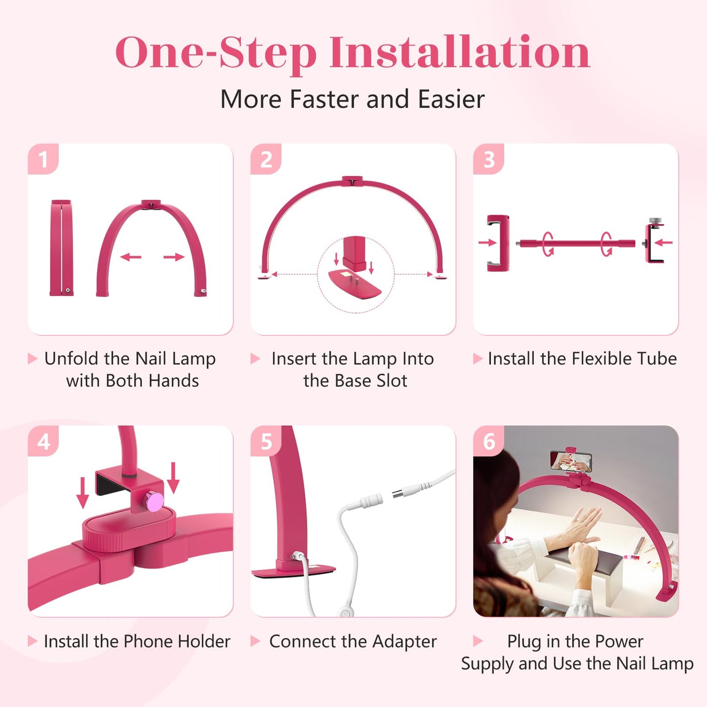 Yokilly Half Moon Light for Nail Desk: 29" Foldable Half Moon Desk Lamp with Phone Holder for Beginner - Arch Nail Tech Light with 3 Color Modes & 10 Brightness for Manicure Salon (Rose Red, Large)