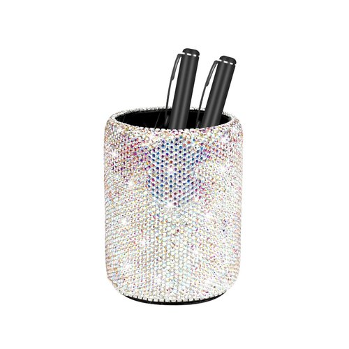 KEYPOWER Crystal Pencil Pen Pot Holder Box Bling Rhinestone Pen Organizer Holder Cosmetic Pen Container Comb Brushes Personalized (Round)(AB Color)