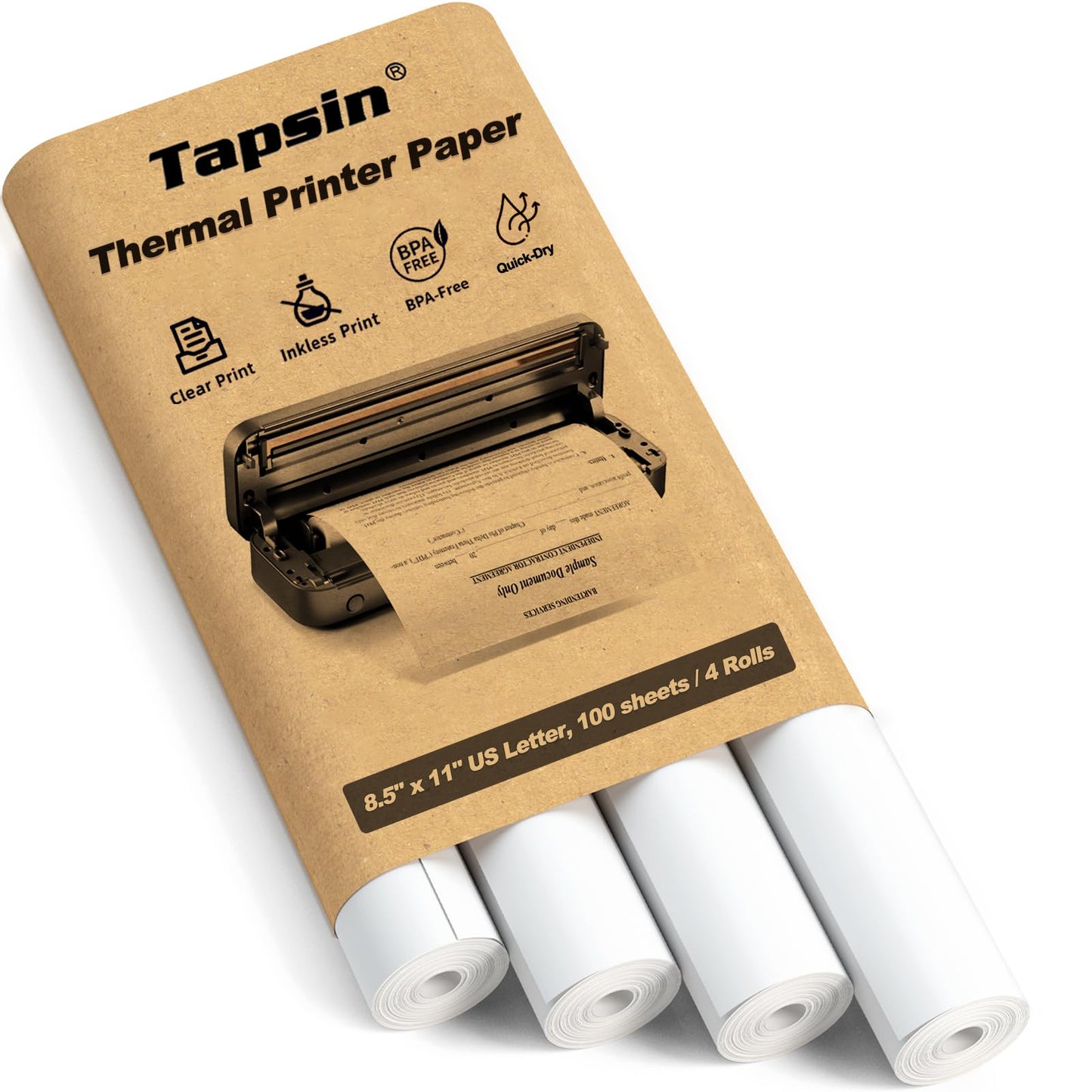Thermal Printer Paper 8.5 x 11 Inch, US Letter Size Quick-Dry Thermal Printing Paper Rolls, Thermal Paper Compatible with M08F-Letter, M832, M834, MT800, MT800Q Portable Printer, 100 sheets / 4 Rolls