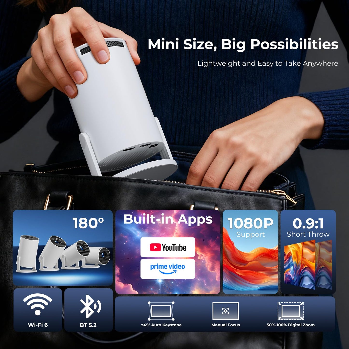 [Built-in Apps] CLOKOWE Mini Projector with WiFi and Bluetooth, 2026 Upgraded 1080P Smart Portable Projector with 180° Rotation, Auto Keystone, Compatible with iPhone/Android/Laptop/TV Stick/HDMI/USB