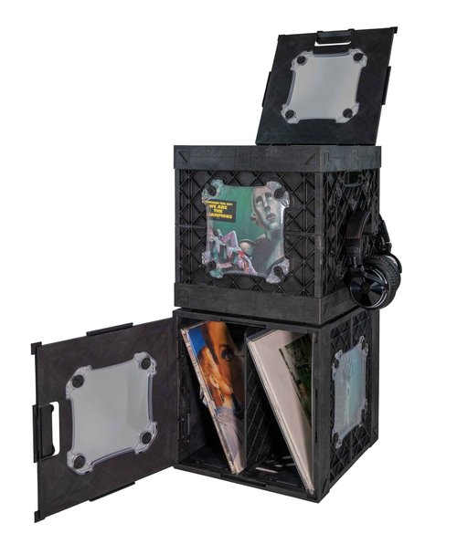 UbeCube CrateVinyl - Vinyl Record Storage Crate Modular Storage Cube for LP Albums with Divider and 2 Clear Panels (Black crate - Smoke panels)