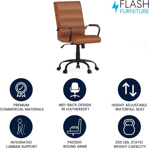 Flash Furniture Whitney Mid-Back Desk Chair - Brown LeatherSoft Executive Swivel Chair | Stylish Black Frame
