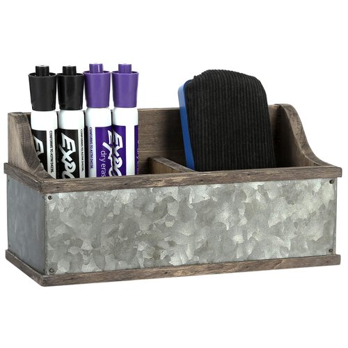 MyGift Magnetic Reclaimed Style Wood & Rustic Galvanized Metal Dry Erase Whiteboard Markers Holder Rack, Home Office Supplies Organizer Box