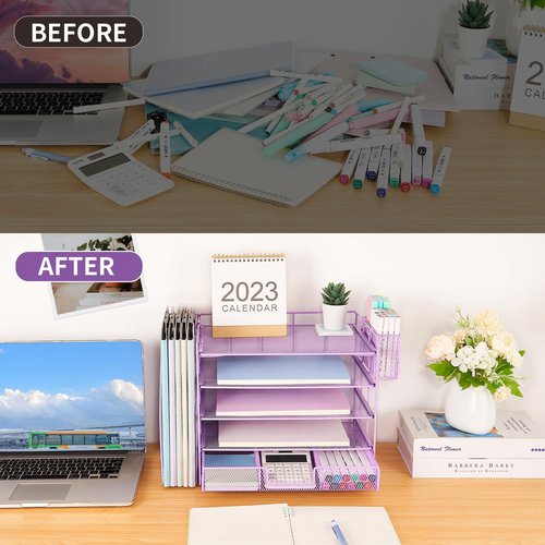 Gugsey Desk Organizer with File Holder, 5-tier Paper Letter Tray File Organizer with Drawer and Pen Holder, Metal Classroom Organization Office Accessories for School Office Supplies(Purple)