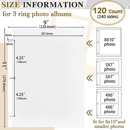 Chuangdi 120 Pcs Photo Album Pages 9 x 11 Inch Self Adhesive Double Sided 3 Hole Punched Photo Mounting Sheets Picture Sleeves for 3 Ring Binder Refill Picture Album Sheets, Binder Not Included