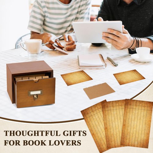 DLUGOPIS 3x5 Index Cards Holder Wood Index Card Organizer Box Flash Card Holder Recipe Cards Holder with Drawer 30 Pcs Vintage Library Cards 5 Kraft Dividers For Gifts Cards Home Office