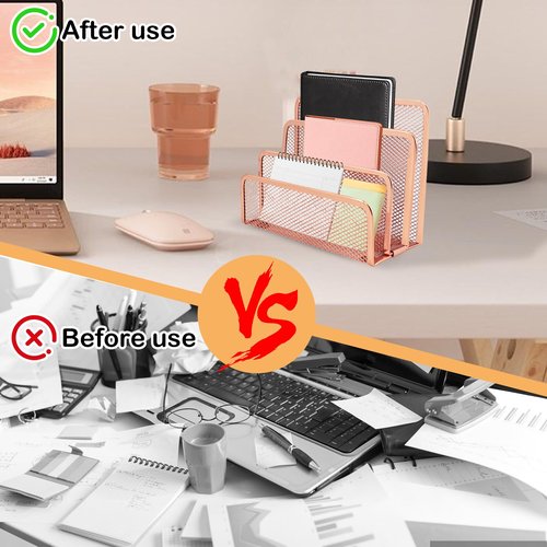 TUSAUW 4 Pcs Desk Mail Organizer, Desktop Letter Holder, Metal File Holder with 3-Slot, Desktop File Organizer Metal Mesh with 3 Vertical Upright Compartmentsfor Home or Office Desktop (Rose Gold)