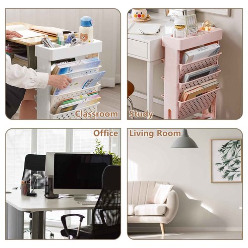 CINPIUK Pink Rolling Office Paper Organizer, Mobile Book Cart Document Folder File Storage with Pen Holder, Slim Rolling Storage Cart Movable Bookshelf for Office, Dorm, Classroom, Nursery