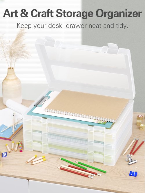 Denkee Large Paper Storage Box, 4 Pack Plastic Scrapbook Paper Storage Organizer with Handle for A4, 8.5 x 11 US Letter, Portable File Document Case, Board Game Storage