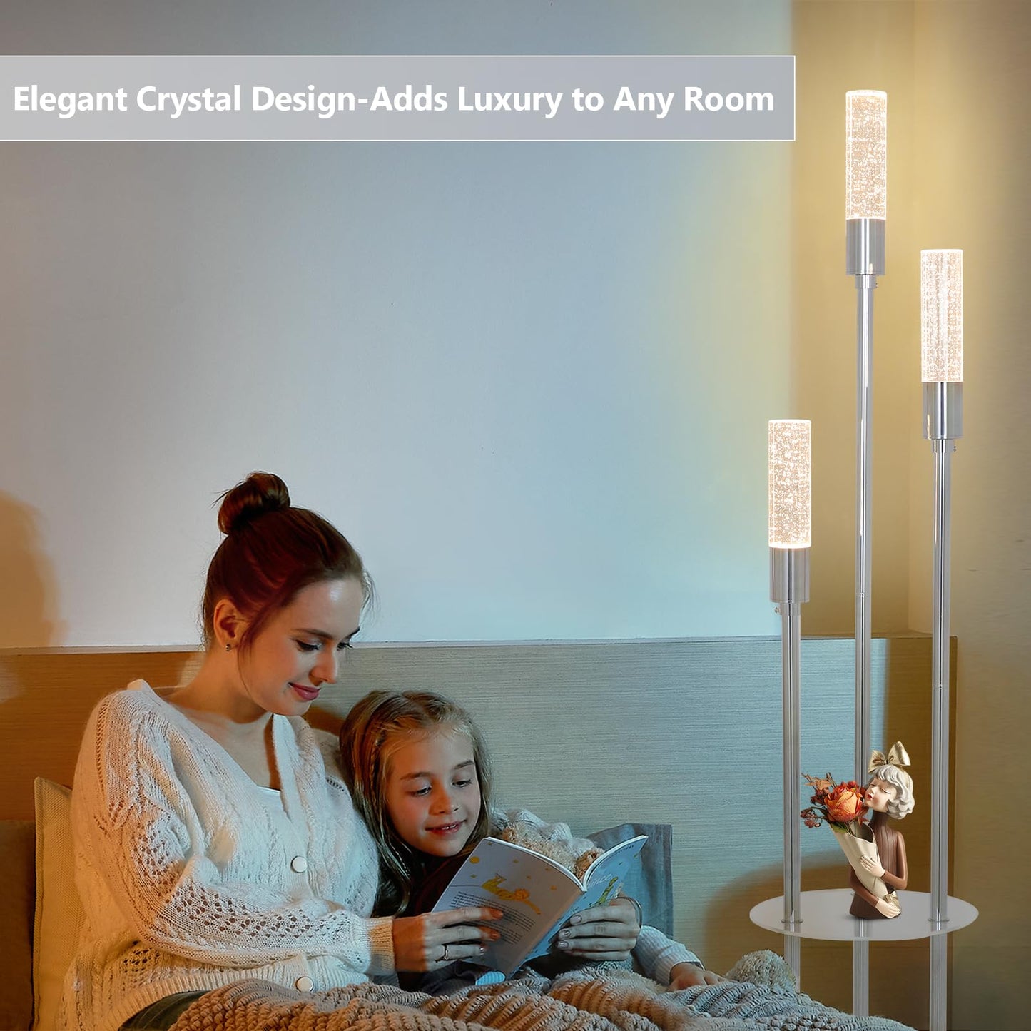 Stepeak Bubble Crystal Floor Lamp with Shelves, 3 Lights Modern Standing Lamps for Living Room, Built-in LED Lights, Foot Switch, Industrial Tall Corner Floor Lamp for Bedroom Home Office, Silver