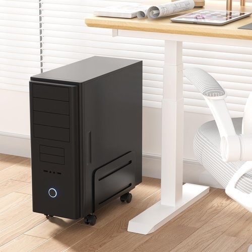 AGPTEK CPU Stand - Adjustable Width 4.7" to 8.2" with 2 Locking Wheels and 2 Caster Wheels - Black
