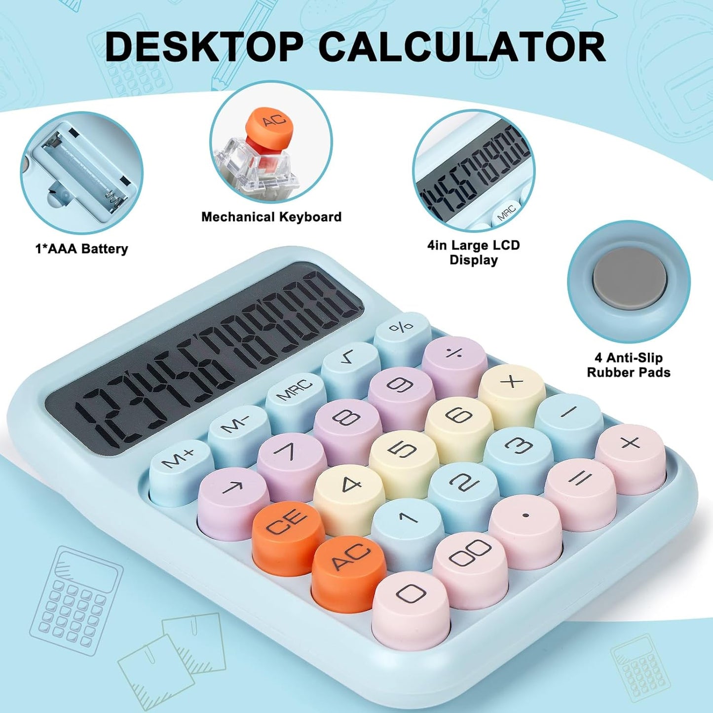 Skiennix Mechanical Switch Calculator - Large 12-Digit LCD Display | Cute Pink Design for Office & Students