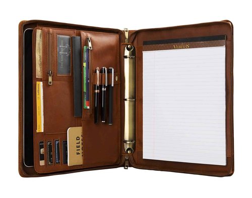 Leather Portfolio, Professional Binder Organizer for Lefty & Righty, 3 Ring Portfolio Personalized Zipper Binder, Leather Padfolio for Men (Brown, Standard)