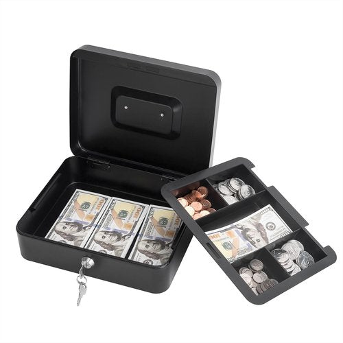 Cash Box with Money Tray - Large Money Box with Lock, Metal Safe Box for Money 9.84" x 7.87" x 3.54" Black