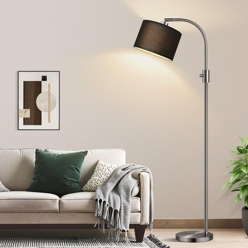 【Upgraded】 Dimmable Floor Lamp, 1200 Lumens LED Bulb Included, Brushed Nickel Arc Floor Lamps for Living Room Modern Standing Lamp with Black Shade, Tall Lamp for Living Room Bedroom Office Office