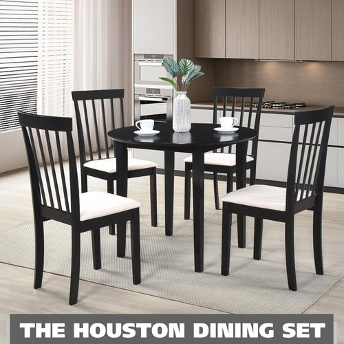 Kings Brand Furniture – 5 Piece Modern Round Wood Dining Set - Dining Room, Kitchen, Dinette Table & 4 Upholstered Chairs (Black)