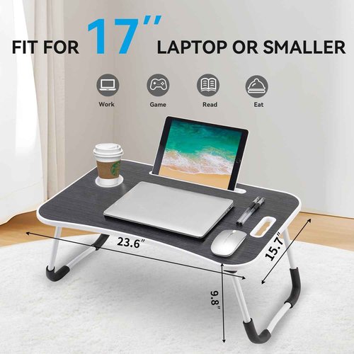 BUYIFY Folding Lap Desk, 23 Inch Portable Wood Deep Black Laptop Bed Desk Lap Desk with Cup Holder, for Working Reading Writing, Eating, Watching Movies for Bed Sofa Couch Floor