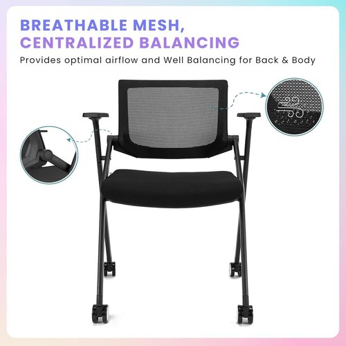 BROBRIYO Ultra Folding Chair with Wheels and Paddle, Ergonomic Mesh Back and Arms for Office, Meetings, Conferences, Receptions, Training Rooms & Folding Office Chairs - Black 2