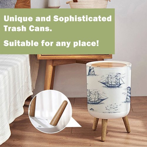 Small Trash Can with Lid Vintage Hand Drawn Nautical Toile De Jouy Seamless Lighthouse Wood Legs Press Cover Garbage Bin Round Waste Bin Wastebasket Kitchen Bathroom Office