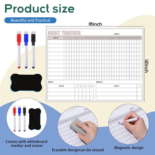Maitys Habit Tracker Workout Journal 12 x 16 Inch Magnetic Workout Tracker Motivation Dry Erase Goal Habit Calendar for Refrigerator Whiteboard with 3 Marker Pens and 1 Eraser