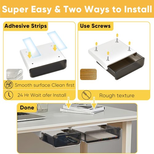 OrgaFocus 2 Pack Under Desk Drawer Slide Pull Out Plastic Organizer, Attachable Clear Black Acrylic Self Adhesive Mount Hidden Storage for Office & Home, Kitchen, Cabinet, Table, Counter, Space Saving