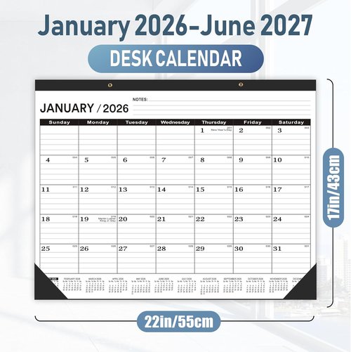 **Regine Switzerland Desk Calendar 2026-2027 | Large 22x17 with PVC Cover & Notes List (Black)**