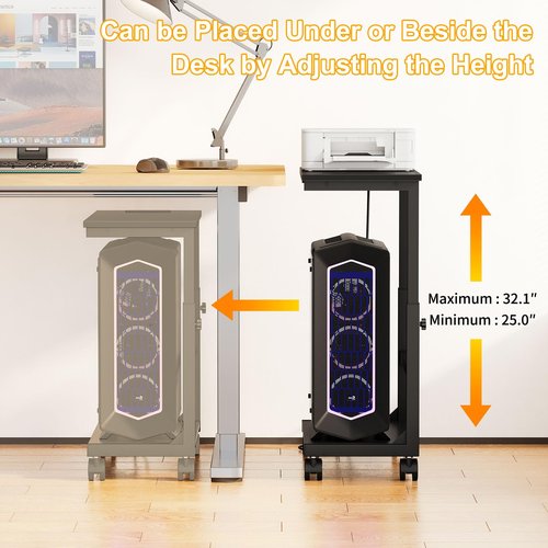 Snughome Computer Tower Stand with Charging Station, 25.0"-32.1" Height Adjustable PC Tower Stand for Floor, Mobile PC Holder with Locking Wheels Computer Cart for Home Office