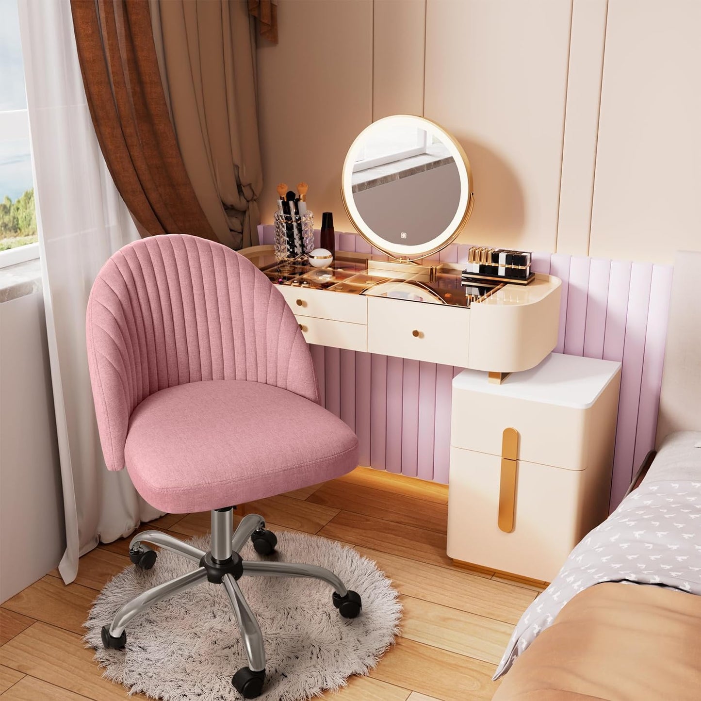 Furniwell Office Chair Armless Cute Desk Chair Modern Adjustable Swivel Vanity Task Computer Chair Home Office Desk Chairs with Wheels (Fabric, Pink)