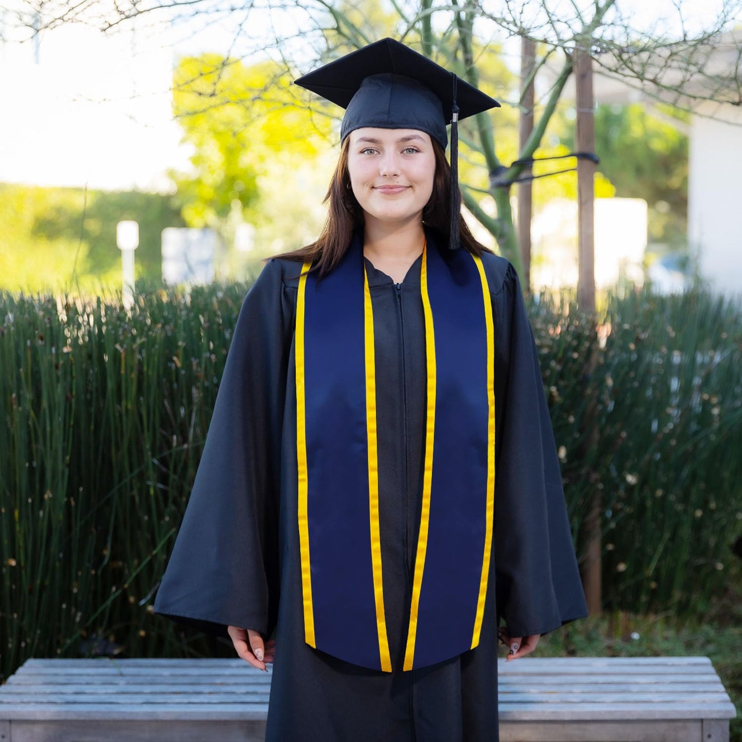 Endea Graduation Plain Honor Stole With Trim Color & Angled End Adult Unisex 72" (Navy Blue/Gold)