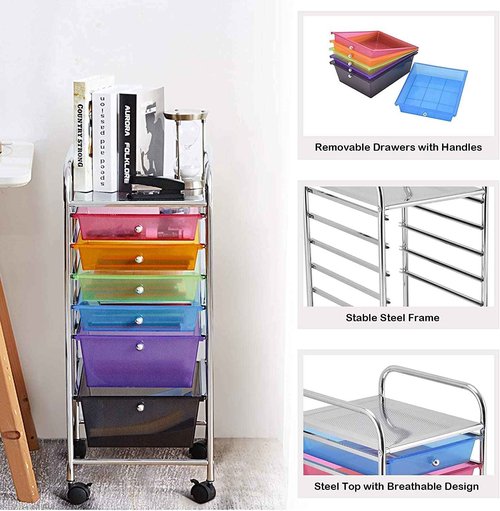 FANTASK 6-Drawer Rolling Storage Cart, Multipurpose Mobile Utility Storage Organizer for Home Office School (Rainbow)